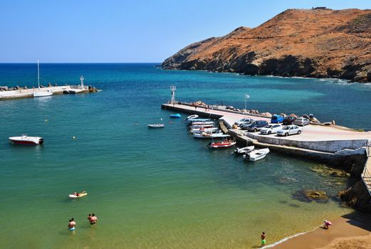 Traditional beautiful Greek village of Panormos on the island of Crete. Summer background for travel and holidays.