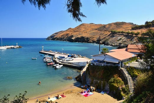 Traditional beautiful Greek village of Panormos on the island of Crete. Summer background for travel and holidays.