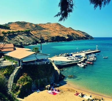 Traditional beautiful Greek village of Panormos on the island of Crete. Summer background for travel and holidays.