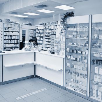 May 2, 2016 Brno Czech Republic. Interior of a pharmacy with goods and showcases. Medicines and vitamins for health. Shop concept, medicine and healthy lifestyle.