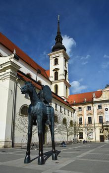 The city of Brno. - Czech Republic - Europe. St. Thomas Church in the city center and the statue of Markrabe Jošta of Luxembourg