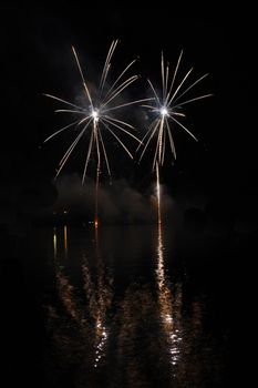 Beautiful colorful fireworks on water. Brno dam.
International Fireworks Competition Ignis Brunensis. Brno - Czech Republic - Europe.