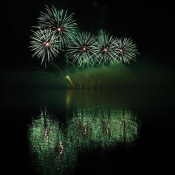 Beautiful colorful fireworks on water. Brno dam.
International Fireworks Competition Ignis Brunensis. Brno - Czech Republic - Europe.