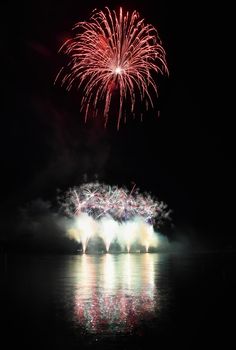 Beautiful colorful fireworks on water. Brno dam.
International Fireworks Competition Ignis Brunensis. Brno - Czech Republic - Europe.