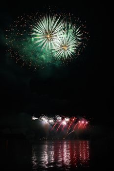 Beautiful colorful fireworks on water. Brno dam.
International Fireworks Competition Ignis Brunensis. Brno - Czech Republic - Europe.