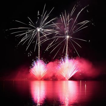 Beautiful colorful fireworks on water. Brno dam.
International Fireworks Competition Ignis Brunensis. Brno - Czech Republic - Europe.