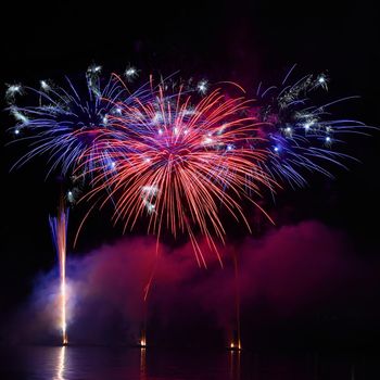 Beautiful colorful fireworks on water. Brno dam.
International Fireworks Competition Ignis Brunensis. Brno - Czech Republic - Europe.