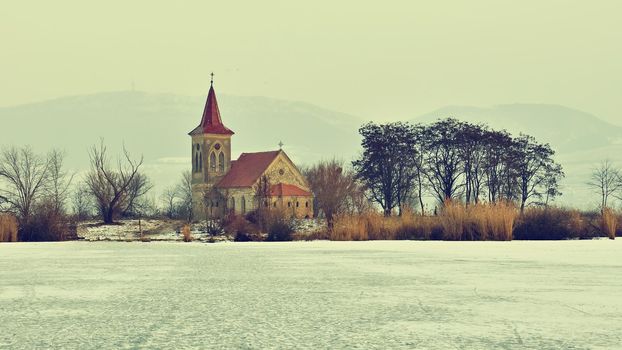 Beautiful old church of St. Linhart. Catholic temple village of Musov - Pasohlavky, Czech Republic.
Photo of landscape with sunset on a dam New Mills (Nove Mlyny)