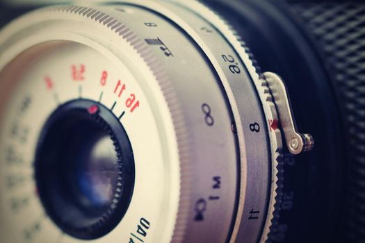 Russian old analog camera. Old retro photo. Detail.