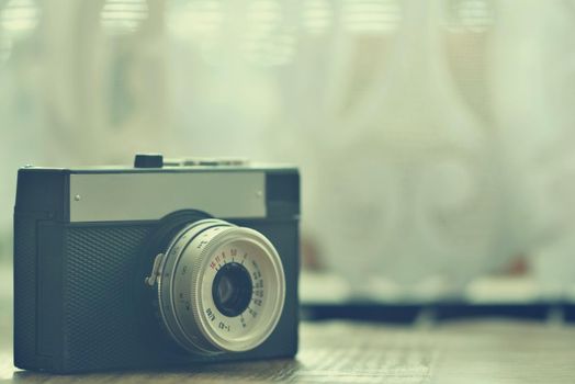 Russian old analog camera. Old retro photo. Detail.