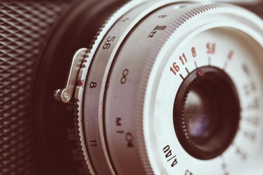 Russian old analog camera. Old retro photo. Detail.