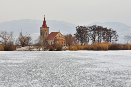 Beautiful old church of St. Linhart. Catholic temple village of Musov - Pasohlavky, Czech Republic.
Photo of landscape with sunset on a dam New Mills (Nove Mlyny)