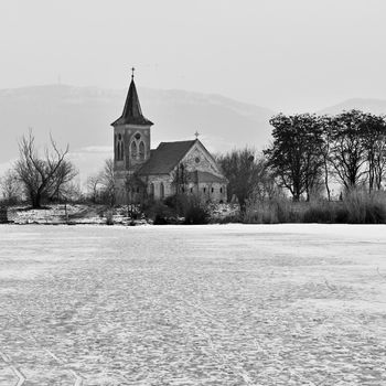 Beautiful old church of St. Linhart. Catholic temple village of Musov - Pasohlavky, Czech Republic.
Photo of landscape with sunset on a dam New Mills (Nove Mlyny)