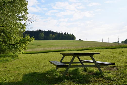 Mountains in summer. Mountains Czech Republic  Bench in the mountains for rest and relaxation in nature.