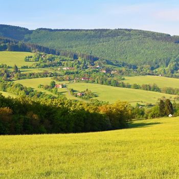 Beautiful landscape in the mountains in summer. Czech Republic - the White Carpathians - Europe.
Natural scenery of forests, meadows and mountains.
