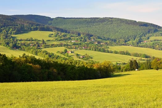 Beautiful landscape in the mountains in summer. Czech Republic - the White Carpathians - Europe.
Natural scenery of forests, meadows and mountains.