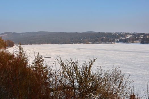 Winter landscape and frozen Brno dam.