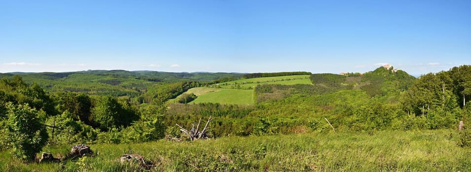 Spring landscape in the Czech Republic. Beautiful panoramic landscape photos with the castle Buchlov.Springtime.