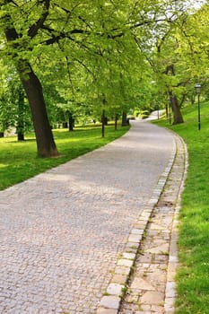 Beautiful green spring park. The path in the park. Beautiful quiet place in the middle of town. Rest and relaxation outdoors. Brno city - Czech republic Spilberk.