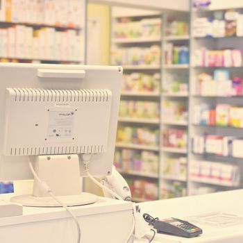 Checkout the pharmacy. Interior pharmacies and blurred background.