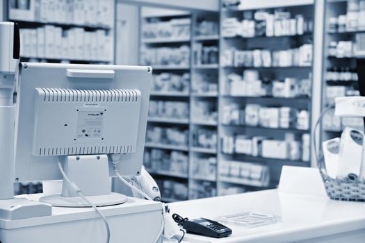 Checkout the pharmacy. Interior pharmacies and blurred background.