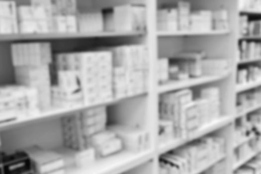 Pharmacy blurred background. Pharmacy store drugs shelves interior blurred background