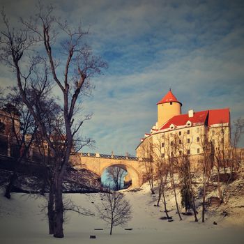 Winter landscape with a beautiful Gothic castle Veveri. Brno city - Czech Republic - Central Europe.