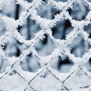 Icy fence. Beautiful winter seasonal abstract background.