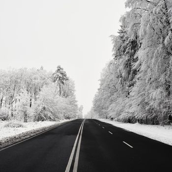 Empty road with snow covered landscape. Beautiful winter seasonal background for transport and cars.