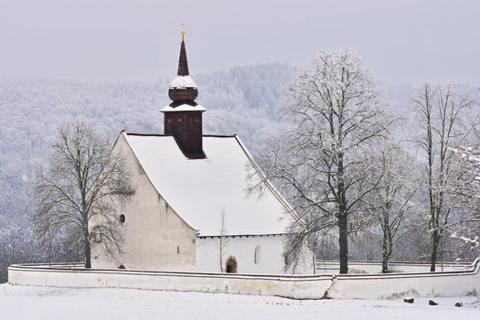Winter landscape with a beautiful chapel near castle Veveri. Czech Republic city of Brno. The Chapel of the Mother of God.