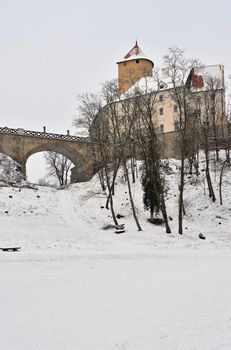 Winter landscape with a beautiful Gothic castle Veveri. Brno city - Czech Republic - Central Europe. 