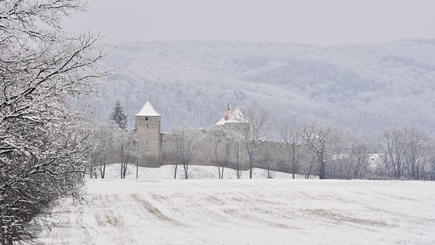 Winter landscape with a beautiful Gothic castle Veveri. Brno city - Czech Republic - Central Europe. 