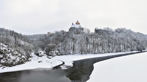 Winter landscape with a beautiful Gothic castle Veveri. Brno city - Czech Republic - Central Europe. 