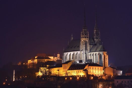 Night Photography. Petrov - St. Peters and Paul church in Brno city.Urban old architecture. Central Europe Czech Republic.