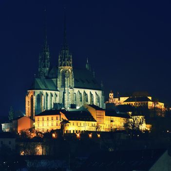 Night Photography. Petrov - St. Peters and Paul church in Brno city.Urban old architecture. Central Europe Czech Republic.