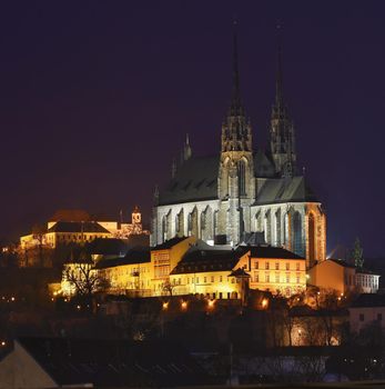 Night Photography. Petrov - St. Peters and Paul church in Brno city.Urban old architecture. Central Europe Czech Republic.