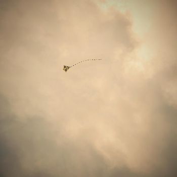 Kite flying in the beautiful autumn windy day. Blue sky background with sun and clouds.