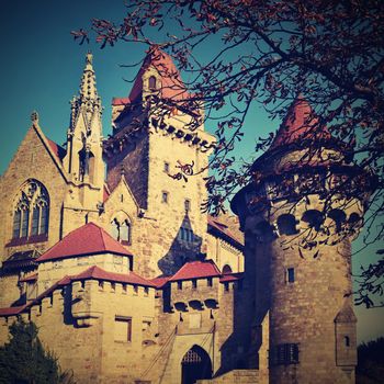 Beautiful medieval Kreuzenstein castle in Leobendorf village. Near Vienna, Austria - Europe. Autumn day.