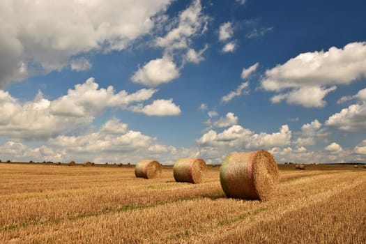 Beautiful countryside landscape. Hay bales in harvested fields. 