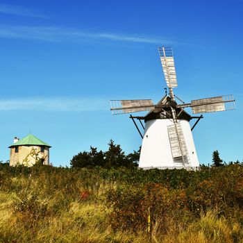 Beautiful old windmill and landscape with the sun. Retz - Austria. Europe.