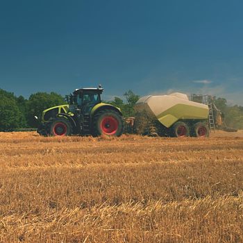 Harvester agriculture machine harvesting golden ripe corn field. Tractor - traditional summer background with an industrial theme.