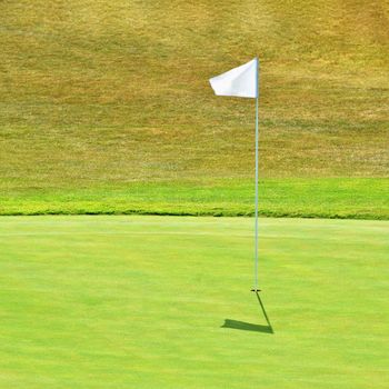 Nice golf course on a sunny summer day. Hole with a flag. Sport.