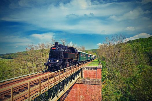 Beautiful old steam train driving along a bridge in the countryside. Concept for travel, transportation and retro old style.