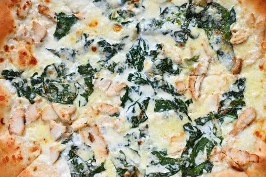 Close-up photos of food. Delicious fresh pizza with cream and spinach.