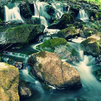 Beautiful nature with a river of rocks and forest. Outdoor colorful background with water.