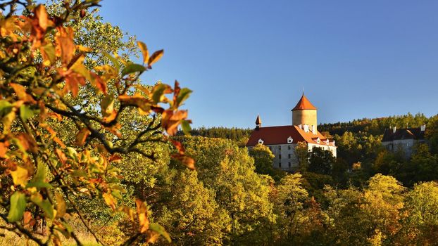 Beautiful Autumn Landscape with Veveri Castle. Natural colorful scenery with sunset. Brno dam-Czech Republic-Europe.