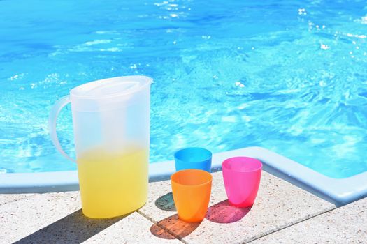 Drinks with cups and kettle. Background with water on a hot sunny day. Summer holiday idyllic