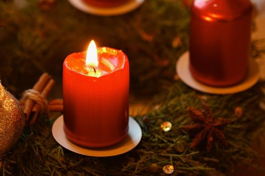 Christmas wreath with candle. House decorations. Classical Czech tradition. Concept for the winter season, food and Christmas holidays.