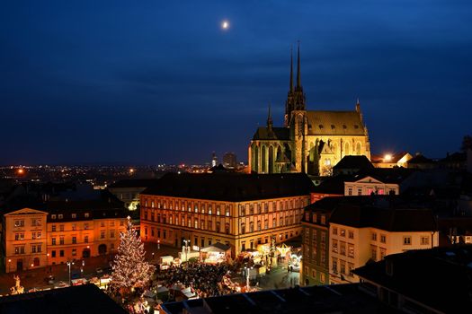 Christmas holidays in the center of Brno.Christmas markets at the green market and beautiful old Petrov Cathedral.