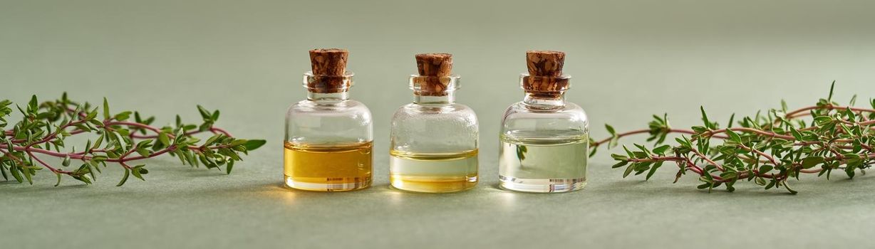 Panoramic banner of three bottles of essential oil with fresh thyme twigs on pastel green background